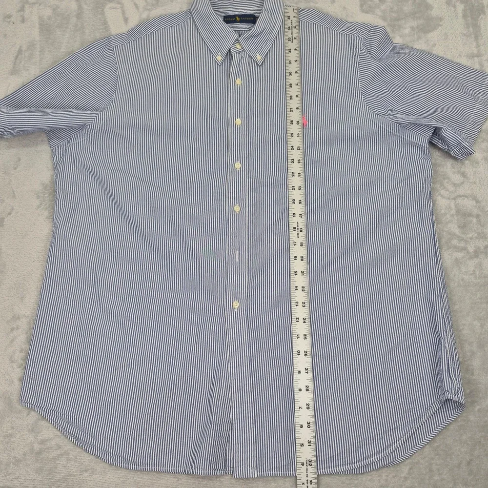Ralph Lauren Short Sleeve Mens XXL Blue White Striped Seersucker Shirt Pink Pony